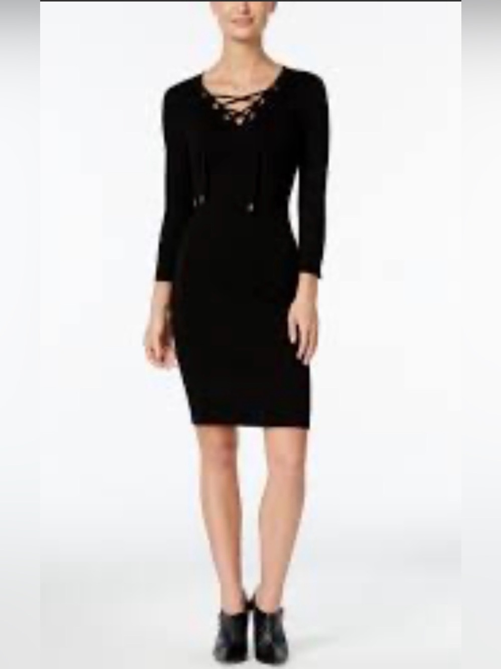 Calvin Klein Black Lace-Up 3/4 Sleeve Sheath Dress